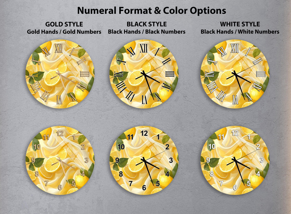 six different clock designs, each with a unique color scheme and style. The clocks feature a vibrant yellow background with black hands and numbers, and the color options include gold, black, and white.