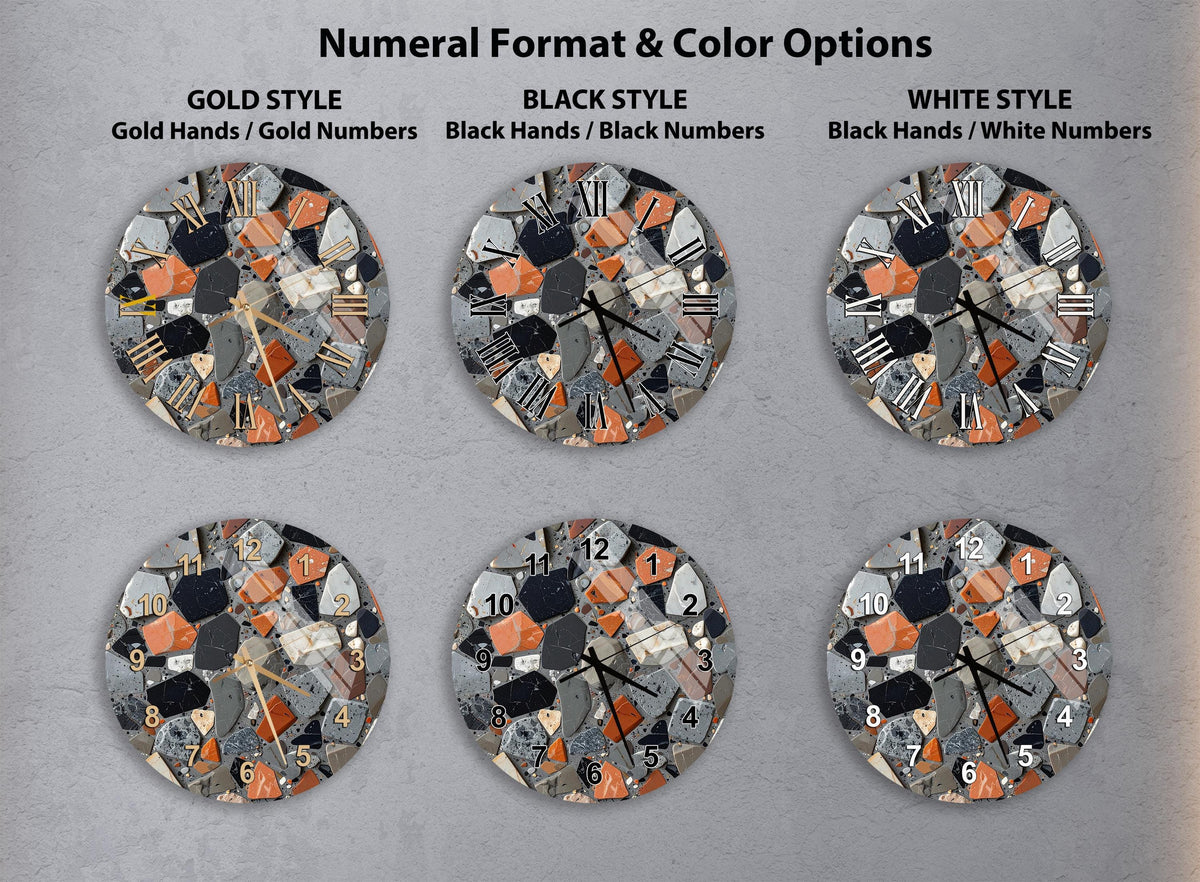 a collection of six clock faces, each with a different color and style, arranged in a grid. The clocks feature a mosaic-like design with various shades of orange, black, and gray. The clocks are labeled with the different styles: "GOLD STYLE", "BLACK STYLE", "WHITE STYLE", "BLACK HANDS / BLACK NUMBERS", "BLACK HANDS / WHITE NUMBERS", and "BLACK NUMBERS / WHITE HANDS".