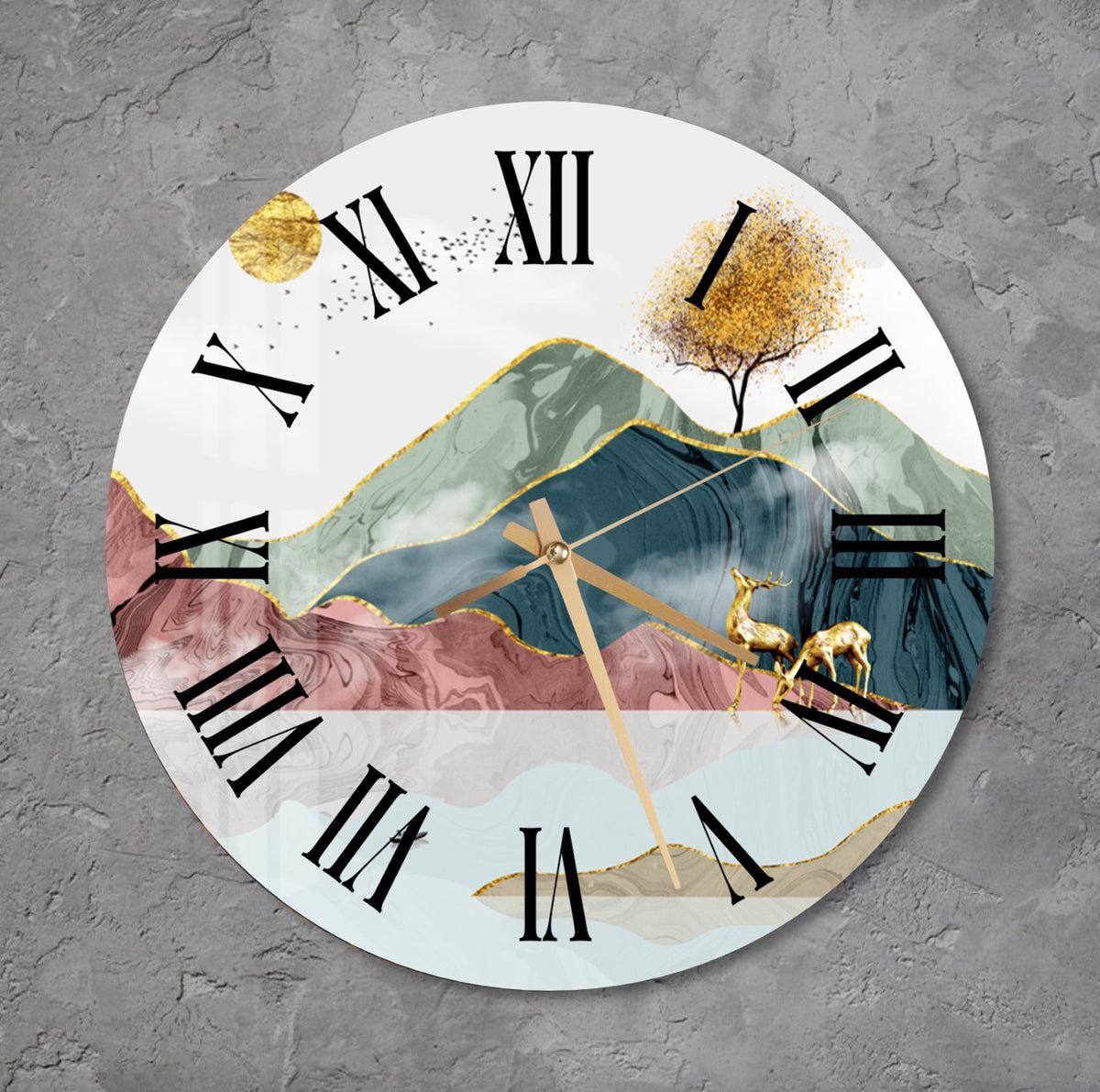 a clock with a painting of a mountain and a tree on it