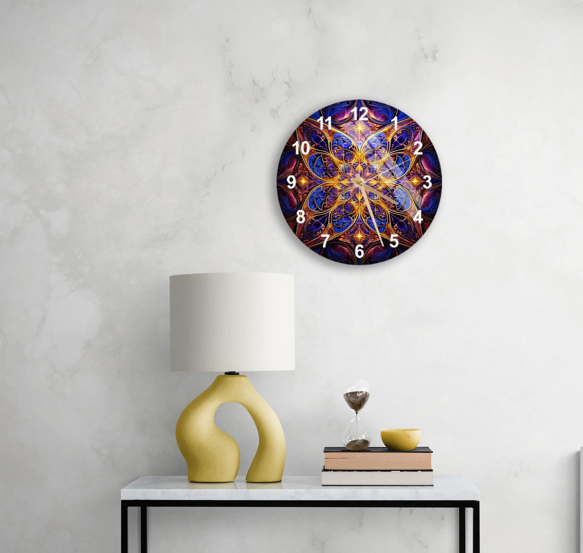 a table with a lamp and a clock on it