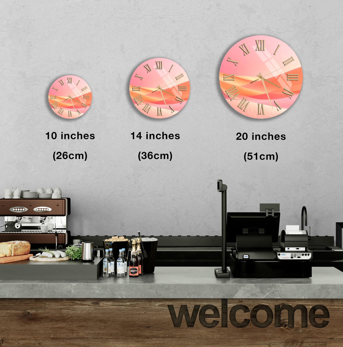 a counter with a cash register, a coffee machine, and a welcome sign. There are three clocks displayed on the wall, each with a different size and design.