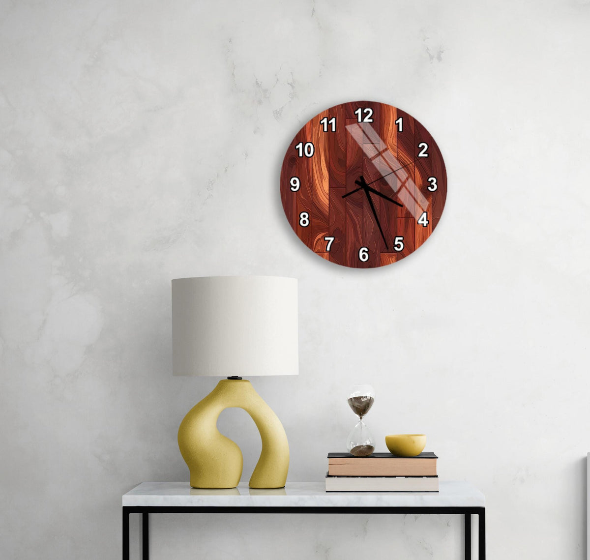 a modern interior design with a wooden clock, a yellow lamp, and a white table.