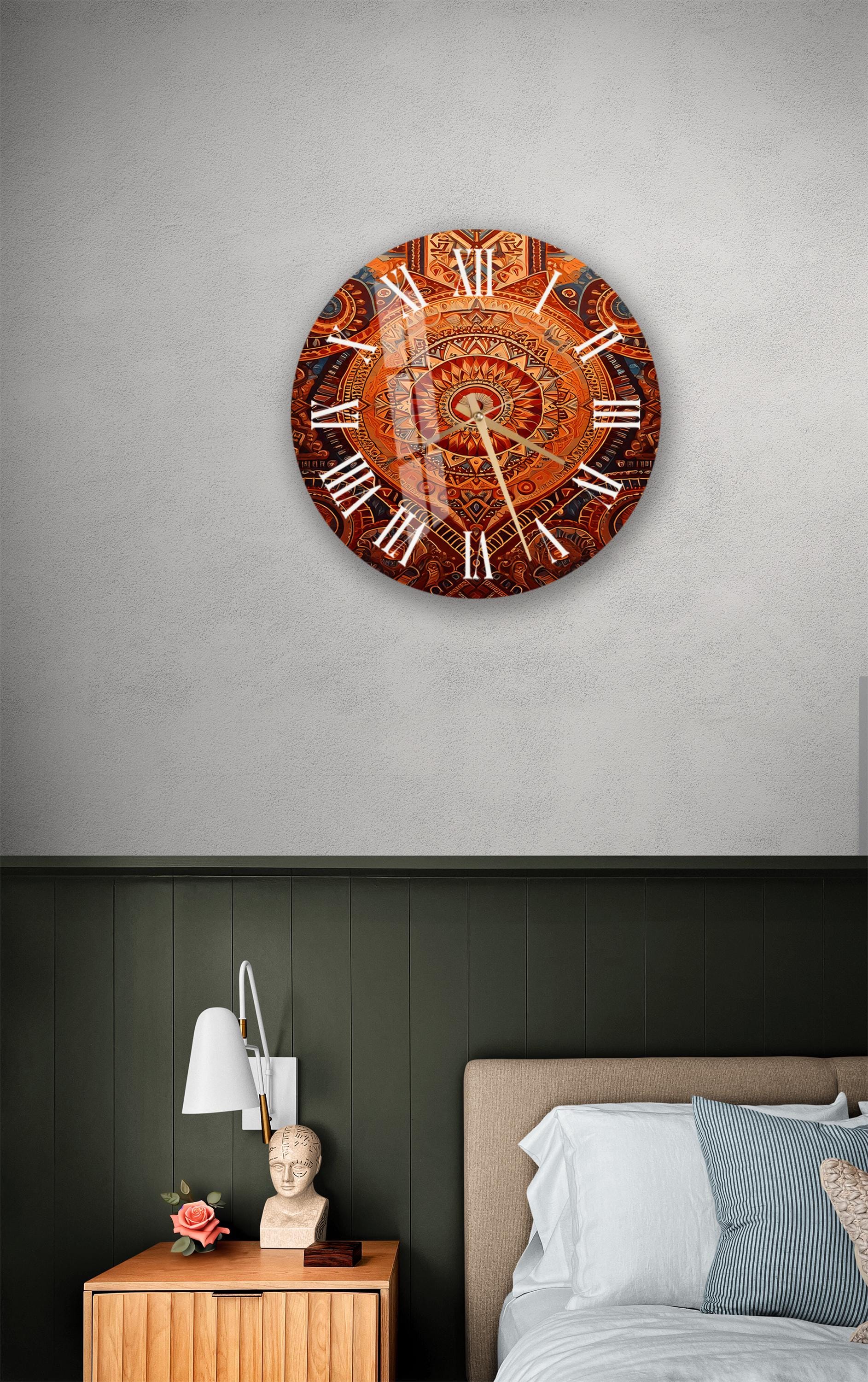 a bedroom with a bed and a clock on the wall