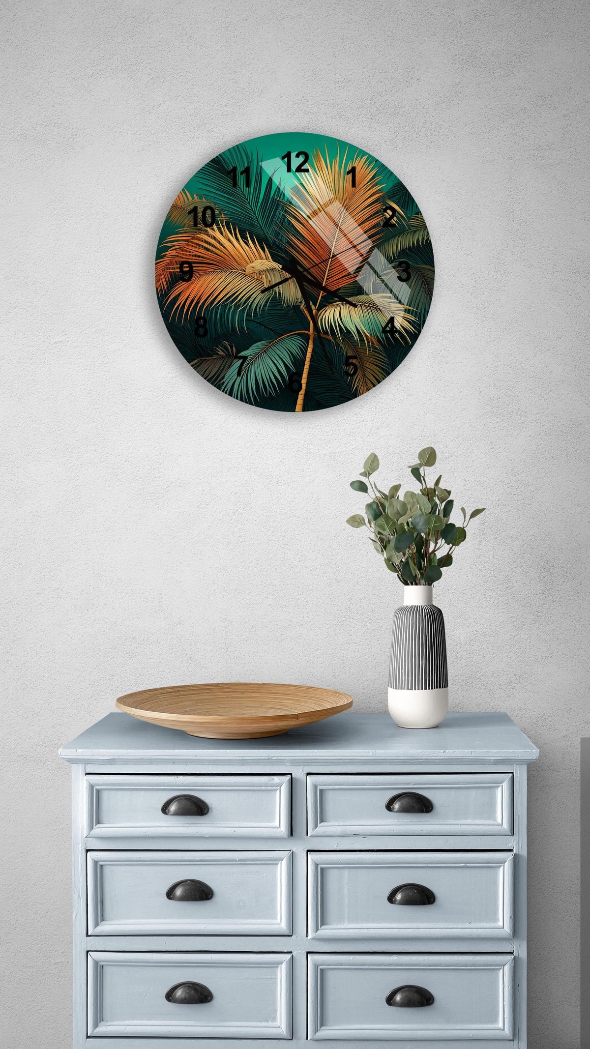 a clock on a wall above a dresser