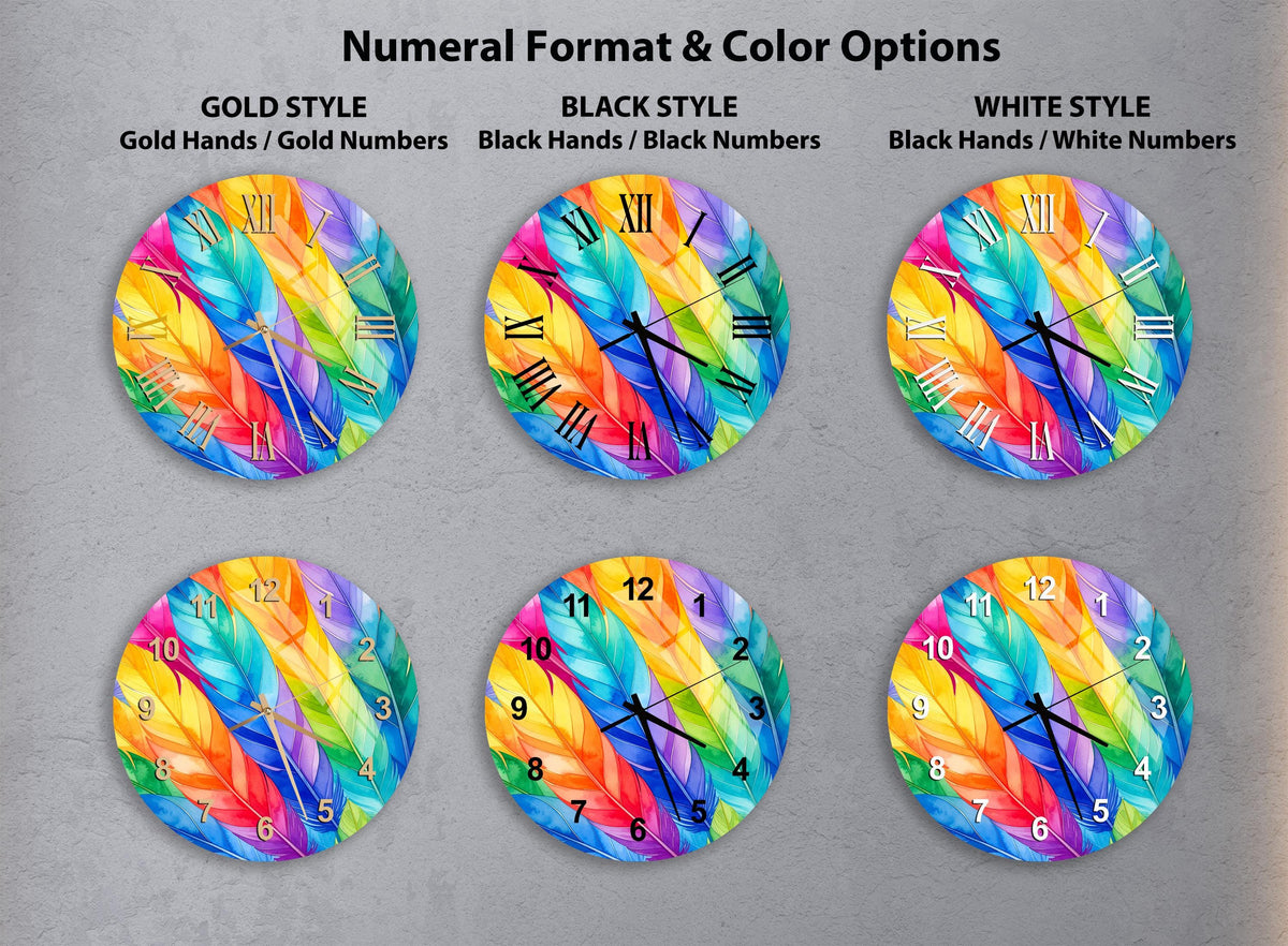 six different clock designs with colorful, feather-like patterns. The clocks are arranged in a grid, with each design featuring a unique color scheme and style.