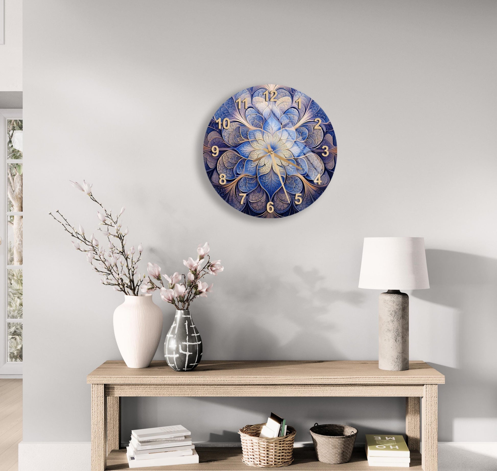 a table with a vase of flowers and a clock on the wall