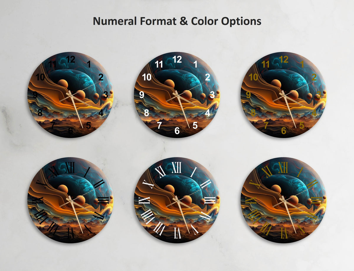 a set of four clocks with different designs on them