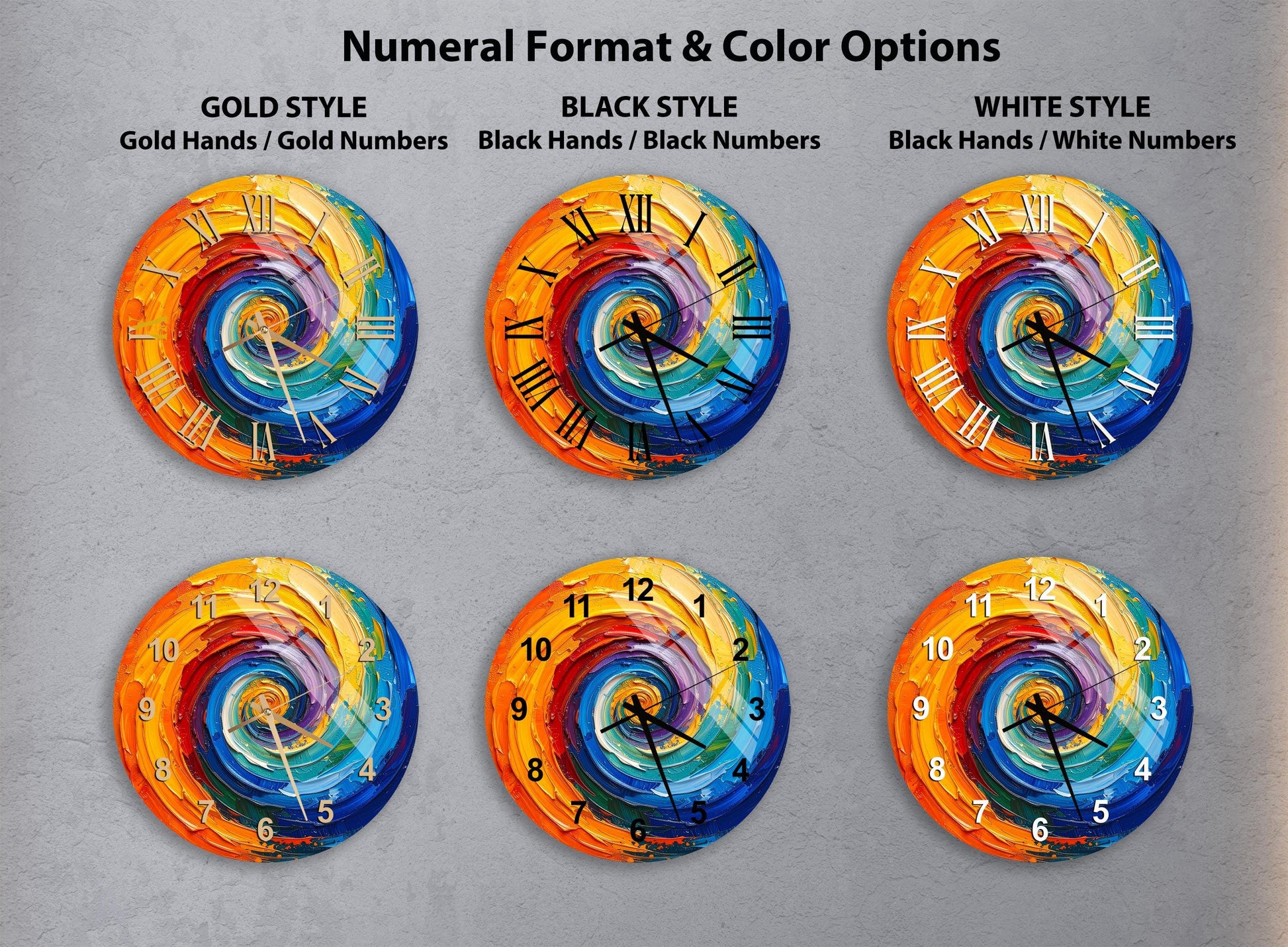 six different clock designs, each with a unique color scheme and style. The clocks are arranged in a grid format, with three rows and two columns. The clocks feature a variety of colors and patterns, including gold, black, white, and vibrant swirls. The clocks are designed to be visually appealing and serve as decorative pieces.