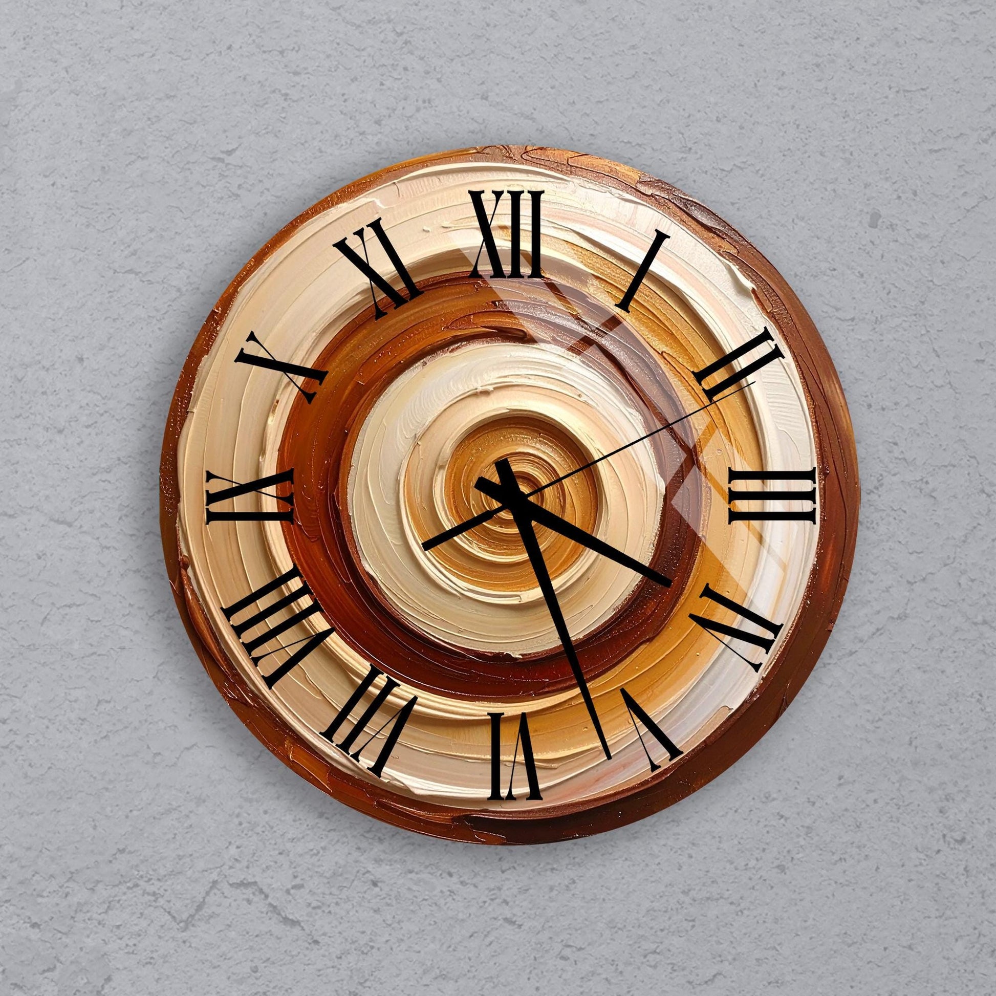 a round clock with Roman numerals on a beige background.