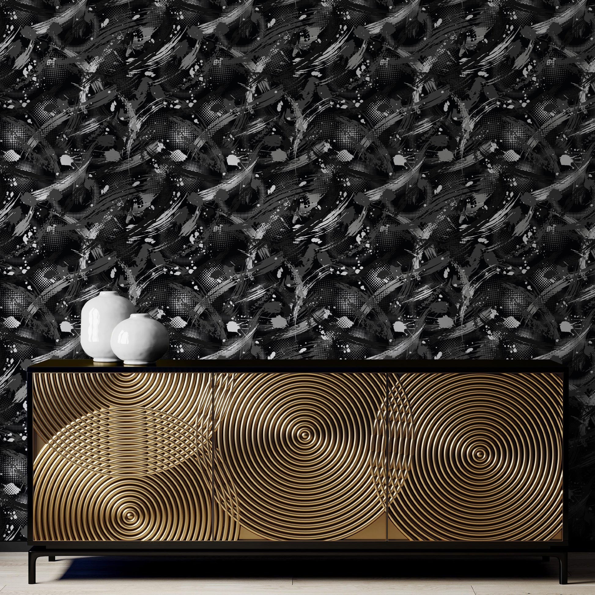 a black and gold cabinet with a unique, swirling design on its surface. The cabinet is placed against a black and white abstract wallpaper pattern. There are two white vases on top of the cabinet, adding a touch of elegance to the overall design.