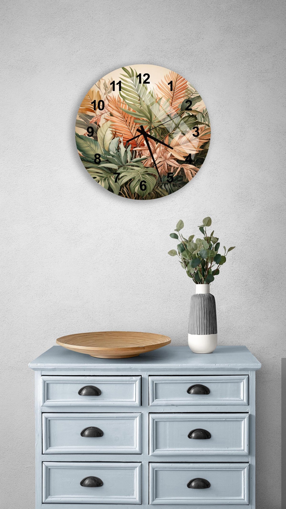 a clock that is on the wall above a dresser