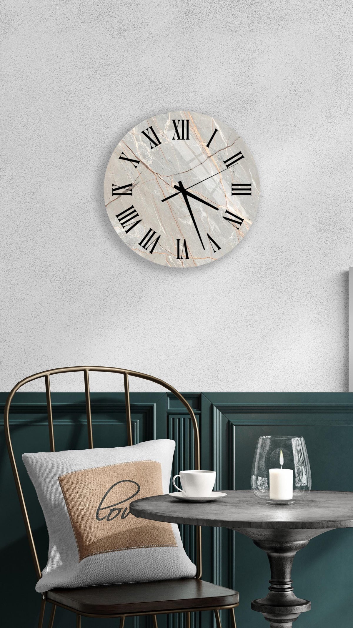 a modern and minimalist interior design with a round wall clock, a white table with a candle, and a black chair.