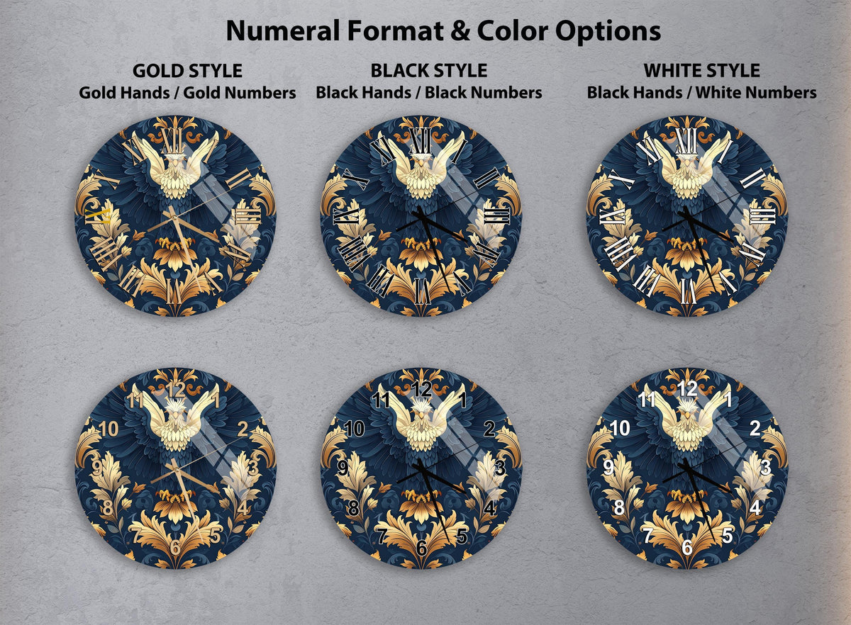 six round wall clocks with ornate designs in shades of blue and gold. The clocks have different styles, including gold hands and gold numbers, black hands and black numbers, and white hands and white numbers.