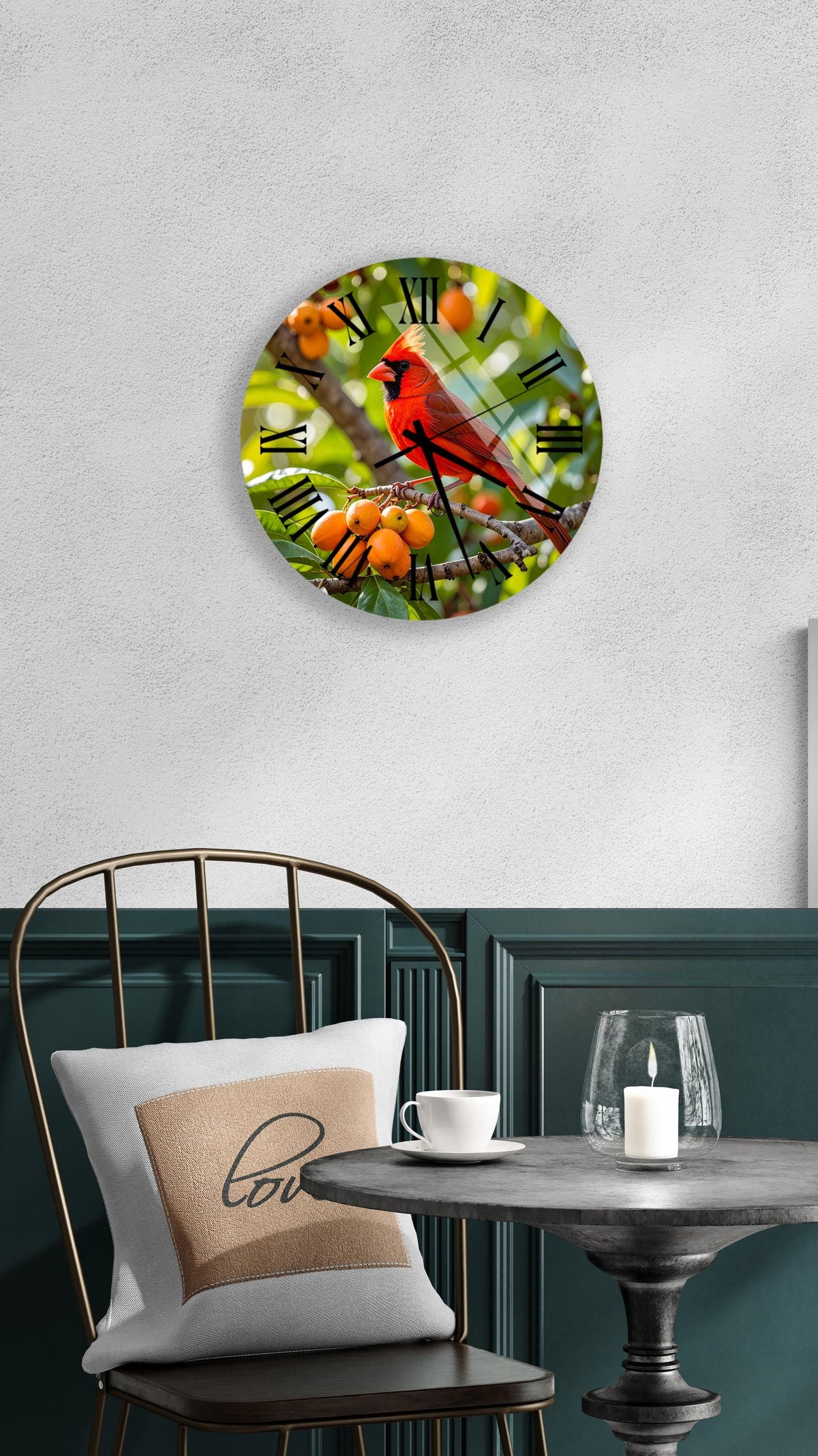 a round wall clock with a vibrant red cardinal perched on a branch, surrounded by orange berries, hanging on a white wall above a black metal chair.