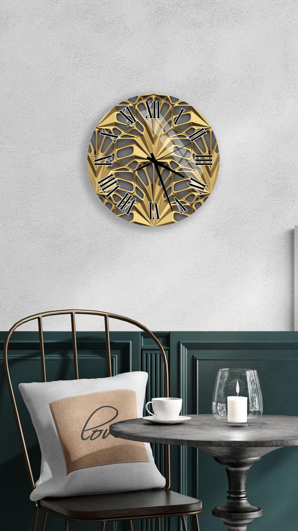 a modern and elegant living space with a gold-colored wall clock, a white table with a candle, and a black chair.