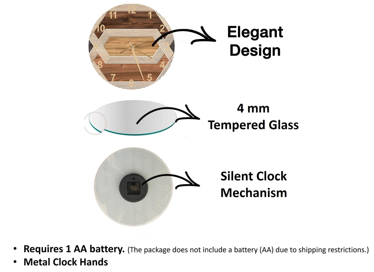 The image is a diagram that illustrates the features of a clock, including its design, materials, and mechanism. It shows a wooden clock face, a 4 mm Tempered Glass face, and a Silent Clock Mechanism. The diagram also includes text that explains the features of the clock, such as the requirement of a 1 AA battery and the absence of a battery (AA) due to shipping restrictions.