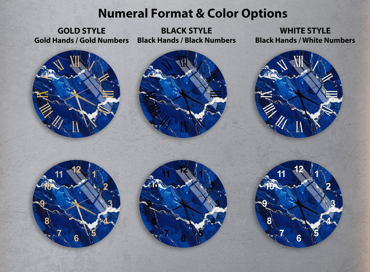 a collection of six clock faces with different styles and color options, including gold hands, black hands, black numbers, and white numbers.