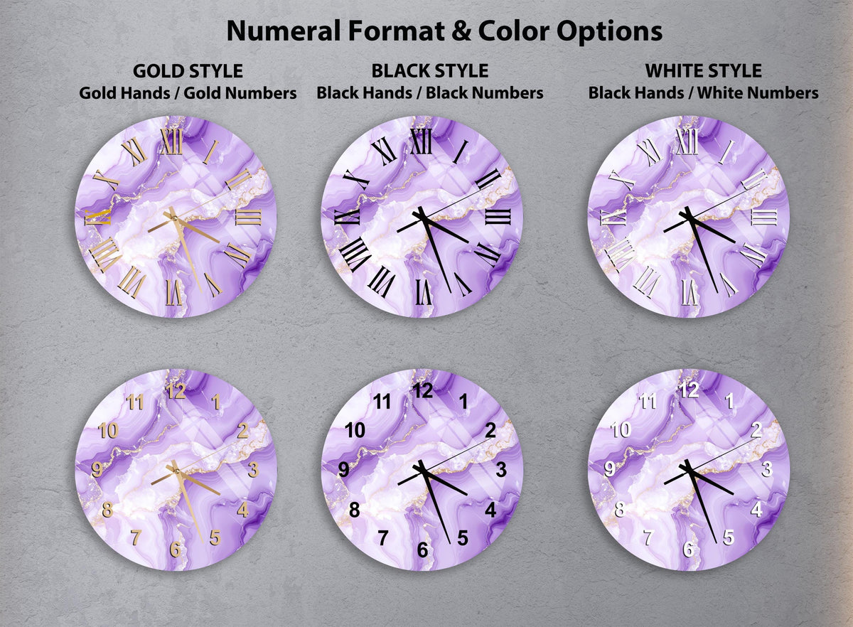 a collection of six clock faces with different styles and color options, including gold hands, black hands, black numbers, and white numbers.