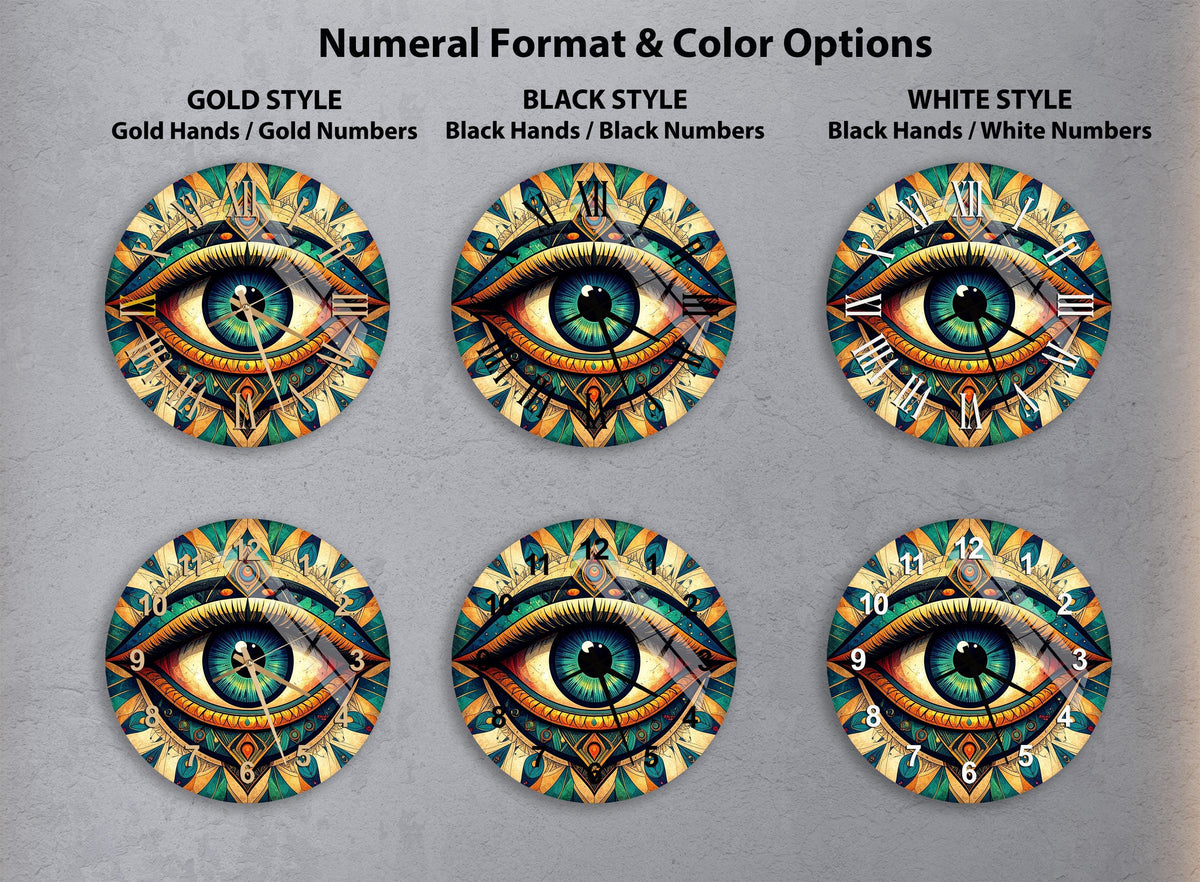 six clock faces with a large eye design, each with different color and style options.