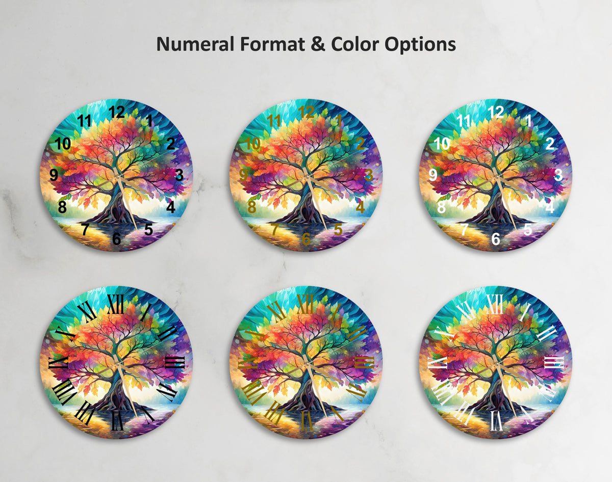 four colorful buttons with a tree of life painted on them