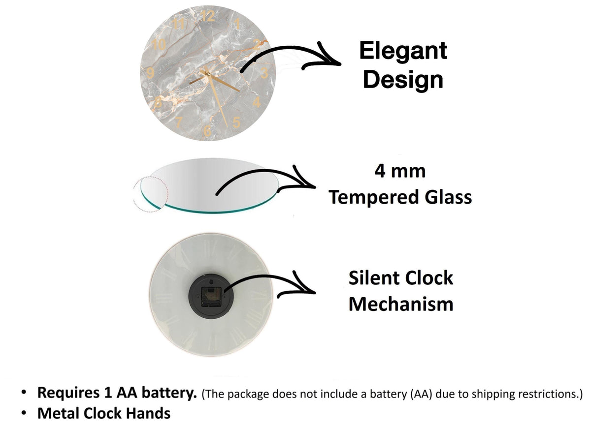 The image is a diagram that illustrates the features of a clock, including its design, materials, and mechanism.