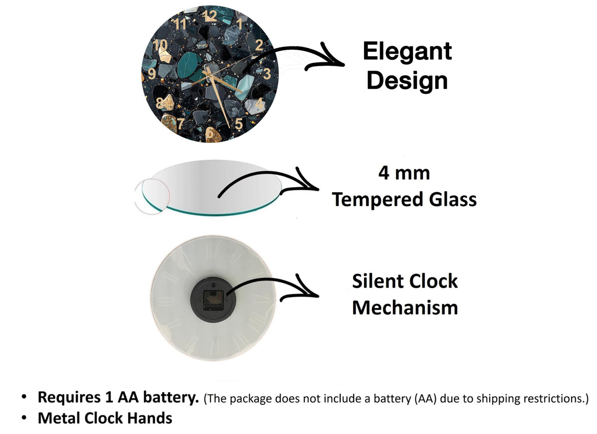 The image is a diagram that illustrates the features of a clock, including its design, materials, and mechanism. It shows a 4 mm Tempered Glass face, a silent clock mechanism, and a metal clock hand. The diagram also includes text that explains the features of the clock, such as the requirement of a 1 AA battery and the absence of a battery (AA) due to shipping restrictions.