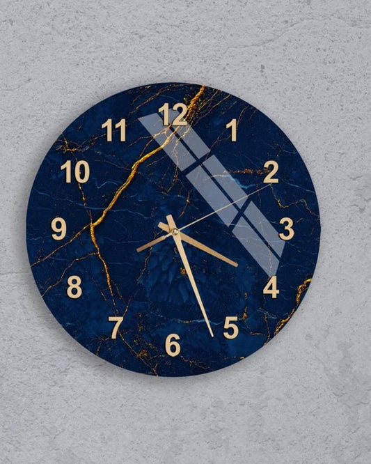 Navy Blue Marble Wall Clock – Modern Gold Vein Art | Tempered Glass Timepiece
