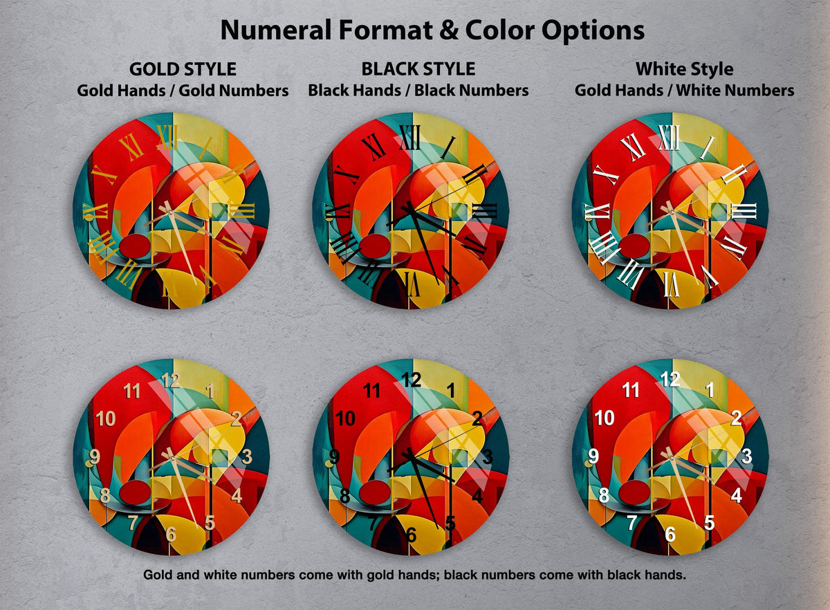 a set of four colorful clocks with numbers on them