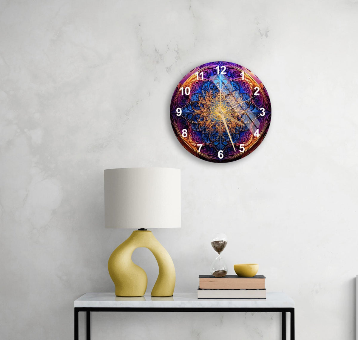 a table with a lamp and a clock on it