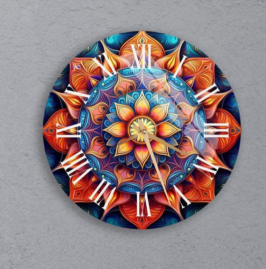 Tempered Glass Wall Clock – Boho Floral Design, Purple Modern Silent Clock