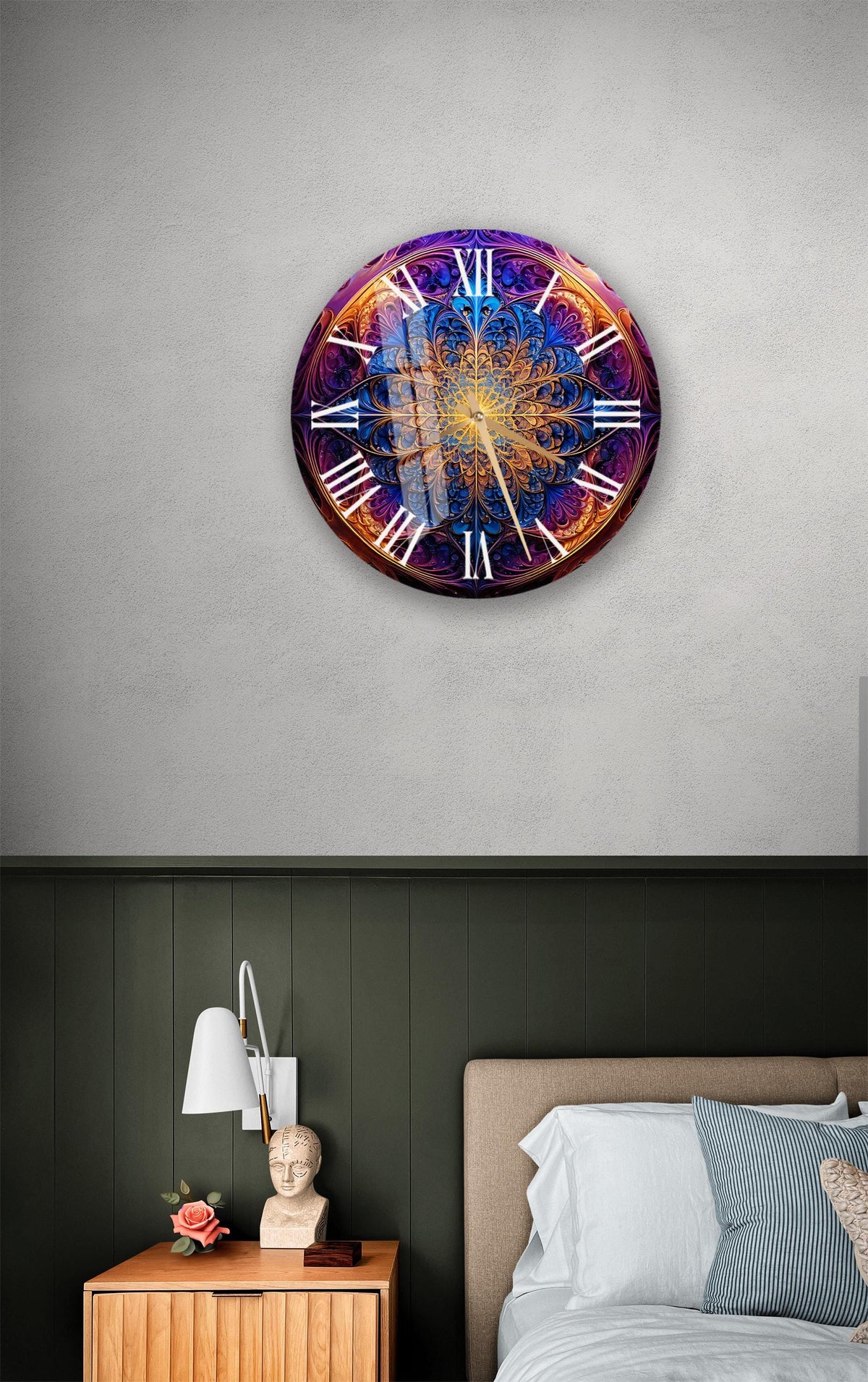 a bedroom with a bed and a large clock on the wall