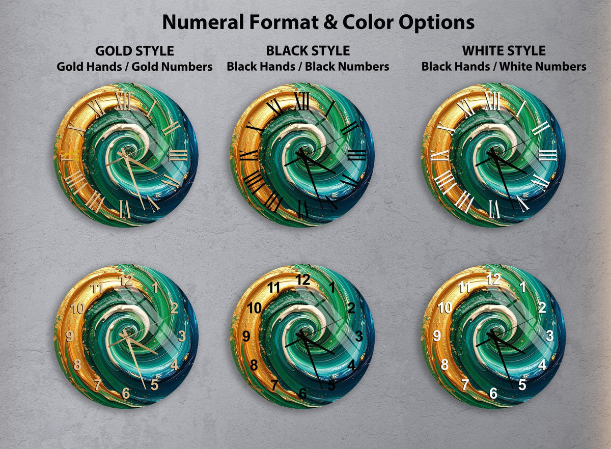 six different clock designs with varying styles and color options.