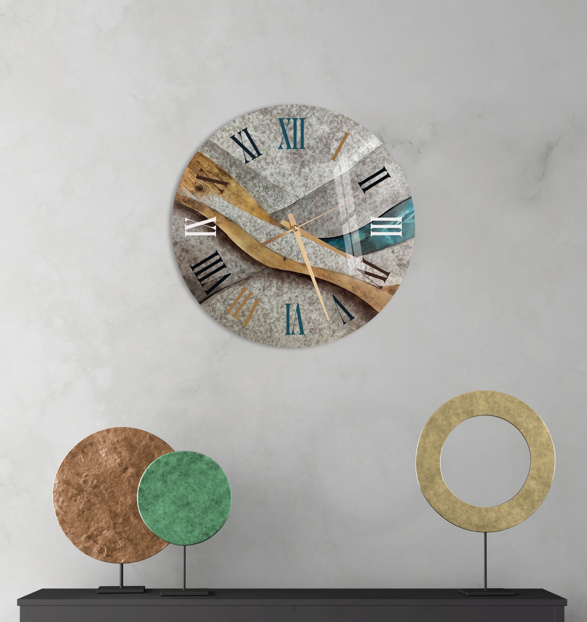 a clock on a wall next to two circles