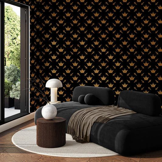 a luxurious living room with a black sofa, a round wooden table, and a white lamp. The walls are adorned with a repeating pattern of gold crowns against a black background, creating a regal and elegant atmosphere.