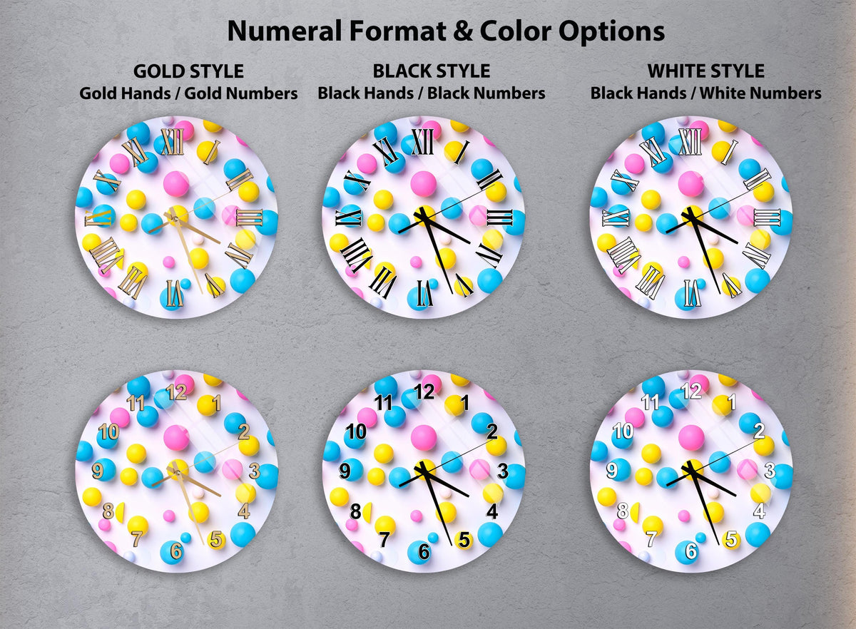 a collection of six clock faces with different color schemes and styles, including gold, black, white, and black and white.