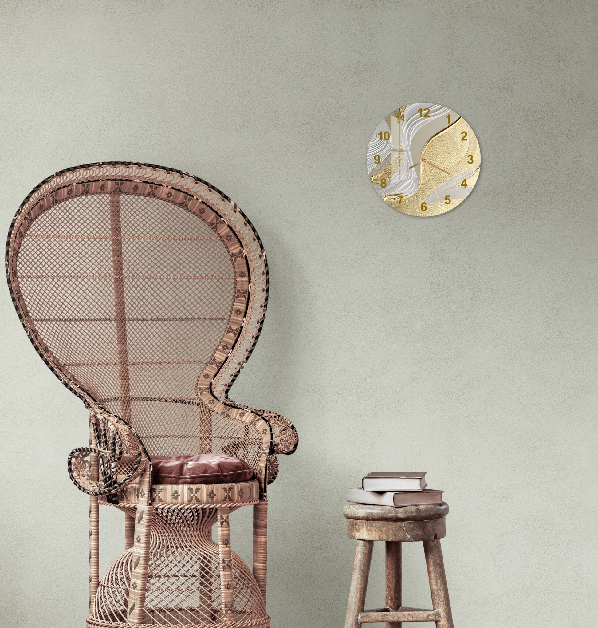 a chair and stool in a room with a clock on the wall