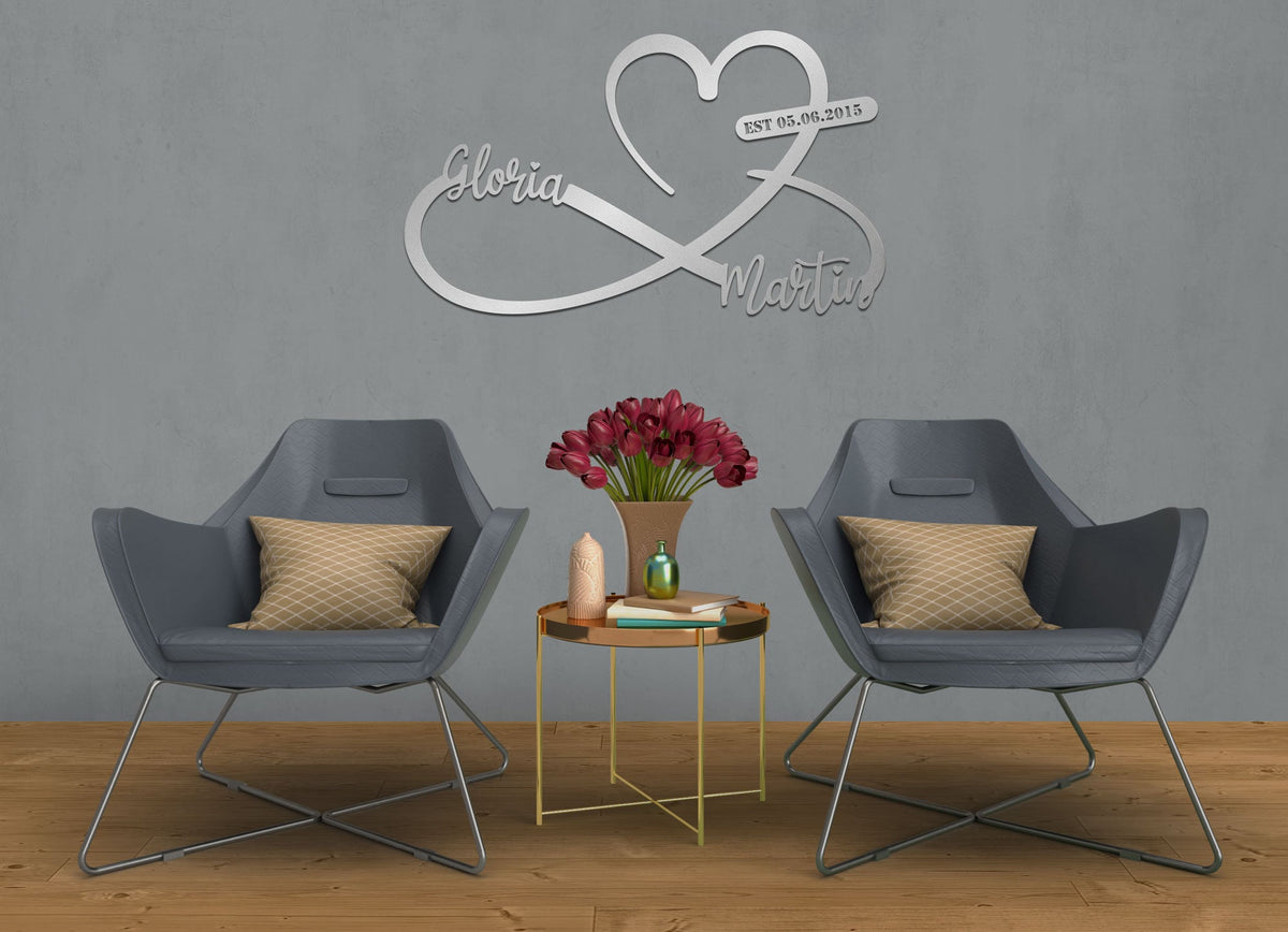 Gold Metal Customized Names and Date Sign Heart and Infinity Metal Wall Art