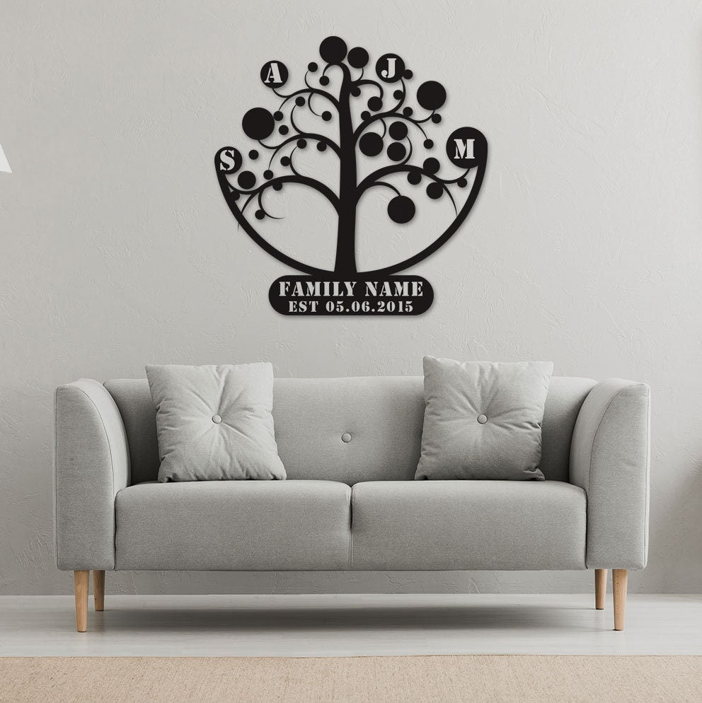 Family Tree Name Sign Metal Wall Art  Personalized Home Decoration