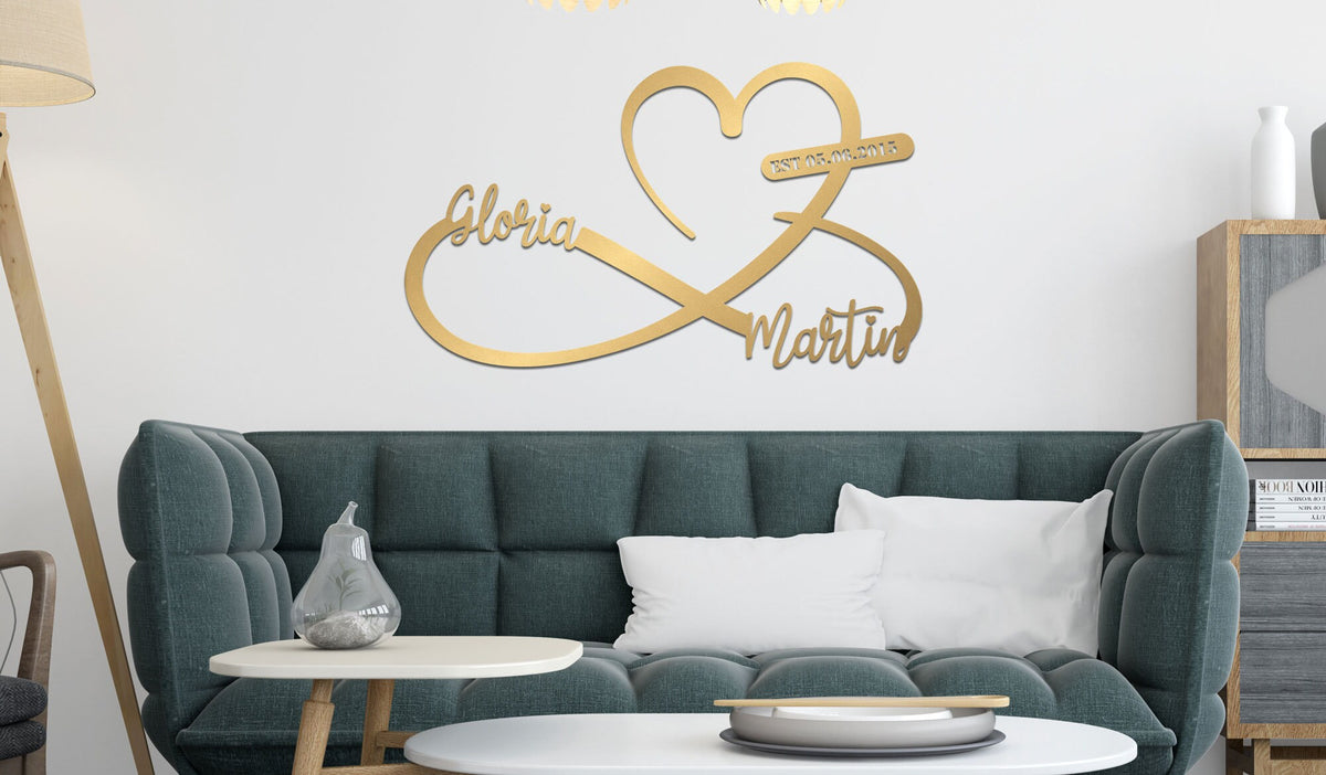 Gold Metal Customized Names and Date Sign Heart and Infinity Metal Wall Art