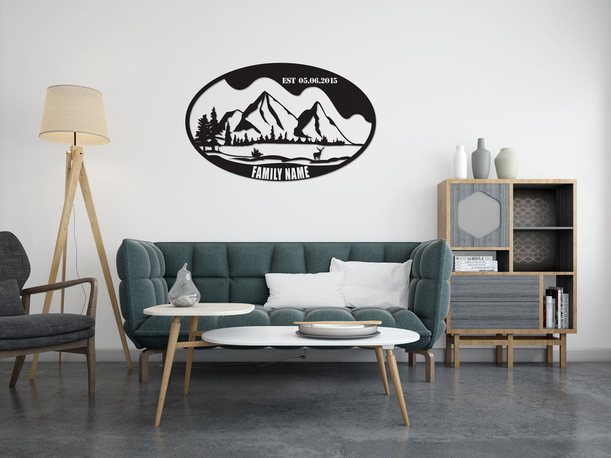 Deers and Mountain Metal Family Name Sign Customized Metal Wall Art