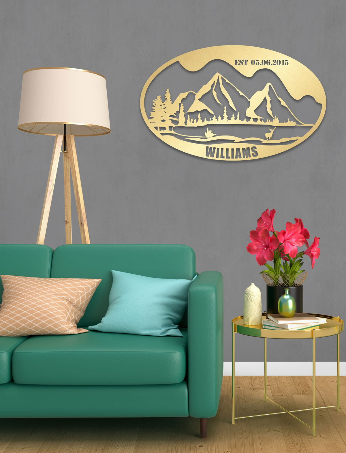 Deers and Mountain Metal Family Name Sign Customized Metal Wall Art