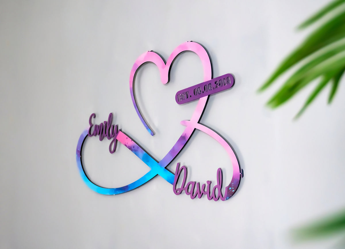 Metal Heart and Infinity Unique Design Pink and Blue Customized Names and Date Sign