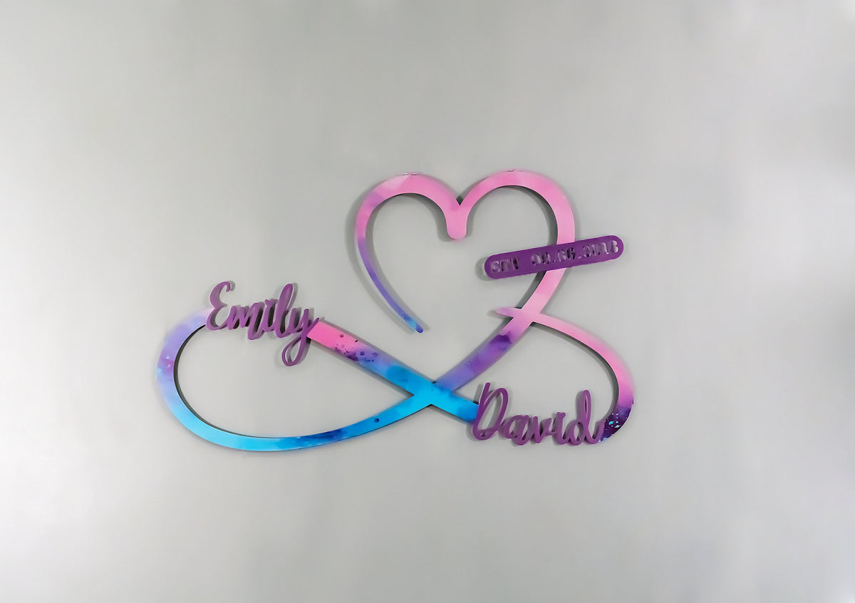 Metal Heart and Infinity Unique Design Pink and Blue Customized Names and Date Sign