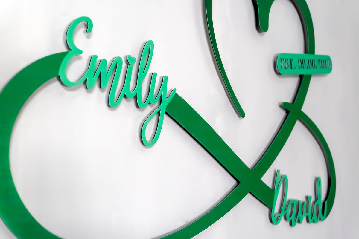 Green Metal Heart and Infinity Unique Design Customized Names and Date Sign