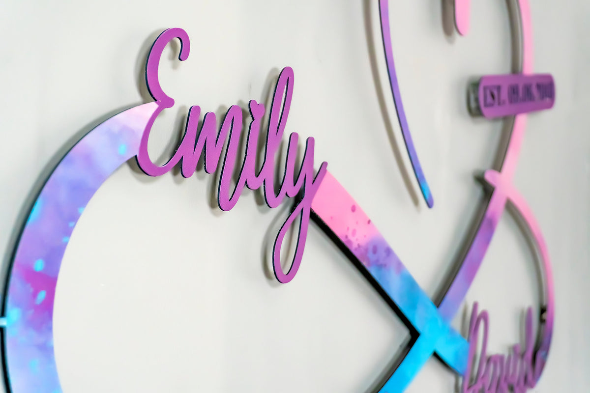 Metal Heart and Infinity Unique Design Pink and Blue Customized Names and Date Sign