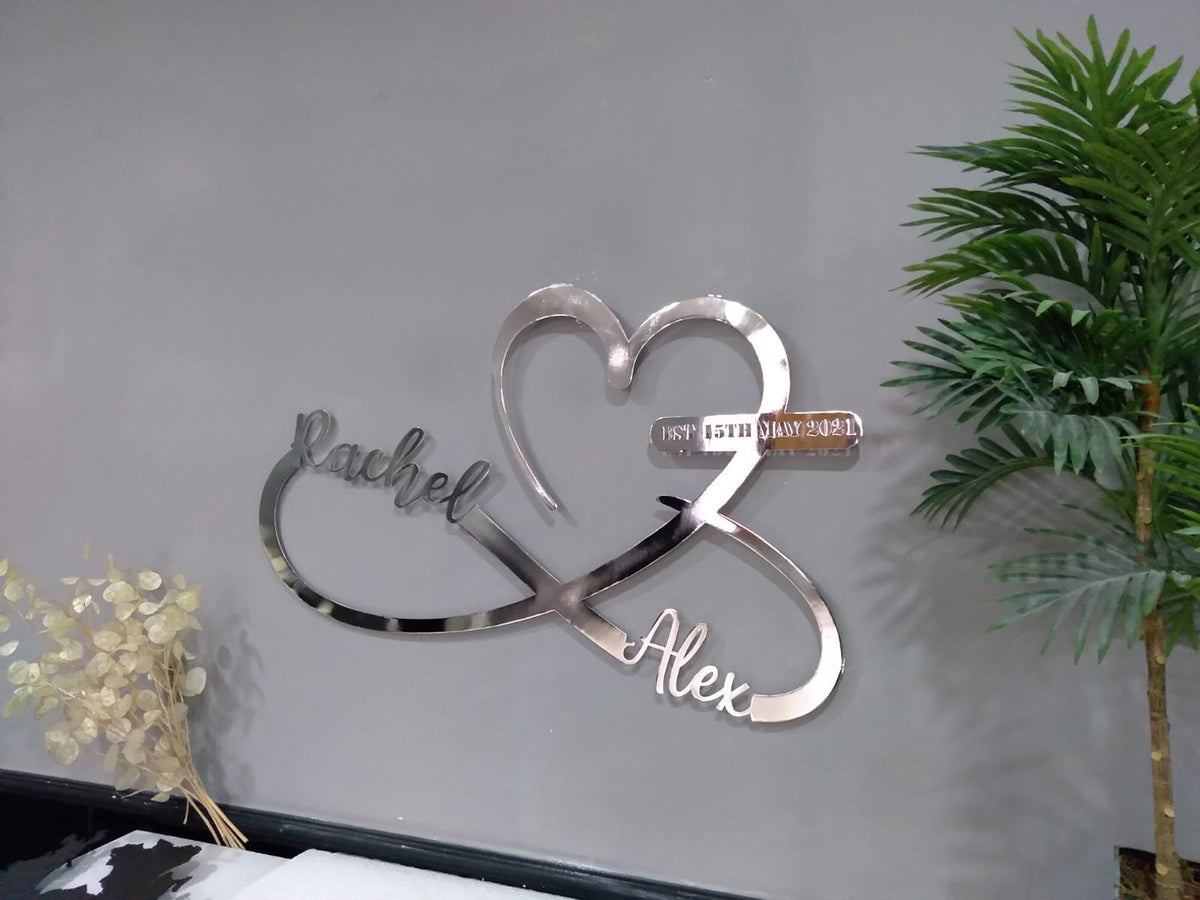 Shiny Metal Customized Names and Date Sign Heart and Infinity Metal Wall Art